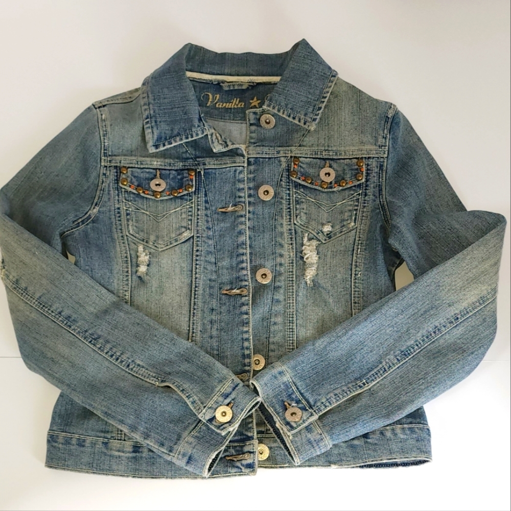 Vanilla Star Jeans Distressed Jean Jacket with Embroidery and Beading